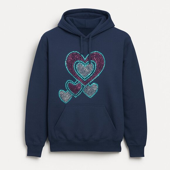 Women’s XL Handmade Hoodie with Rhinestone Hearts – Navy Blue Sparkle - Picture 2 of 4